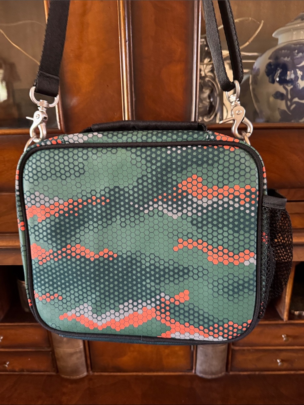 Pottery Barn Teen Green, Orange & Gray Hex Camo Kids Lunch Bag - Picture 4 of 5